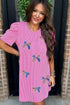 Patriotic Sparkle Sequin Bow Flag Inspired Puff Sleeve Textured Knit Tee Dress
